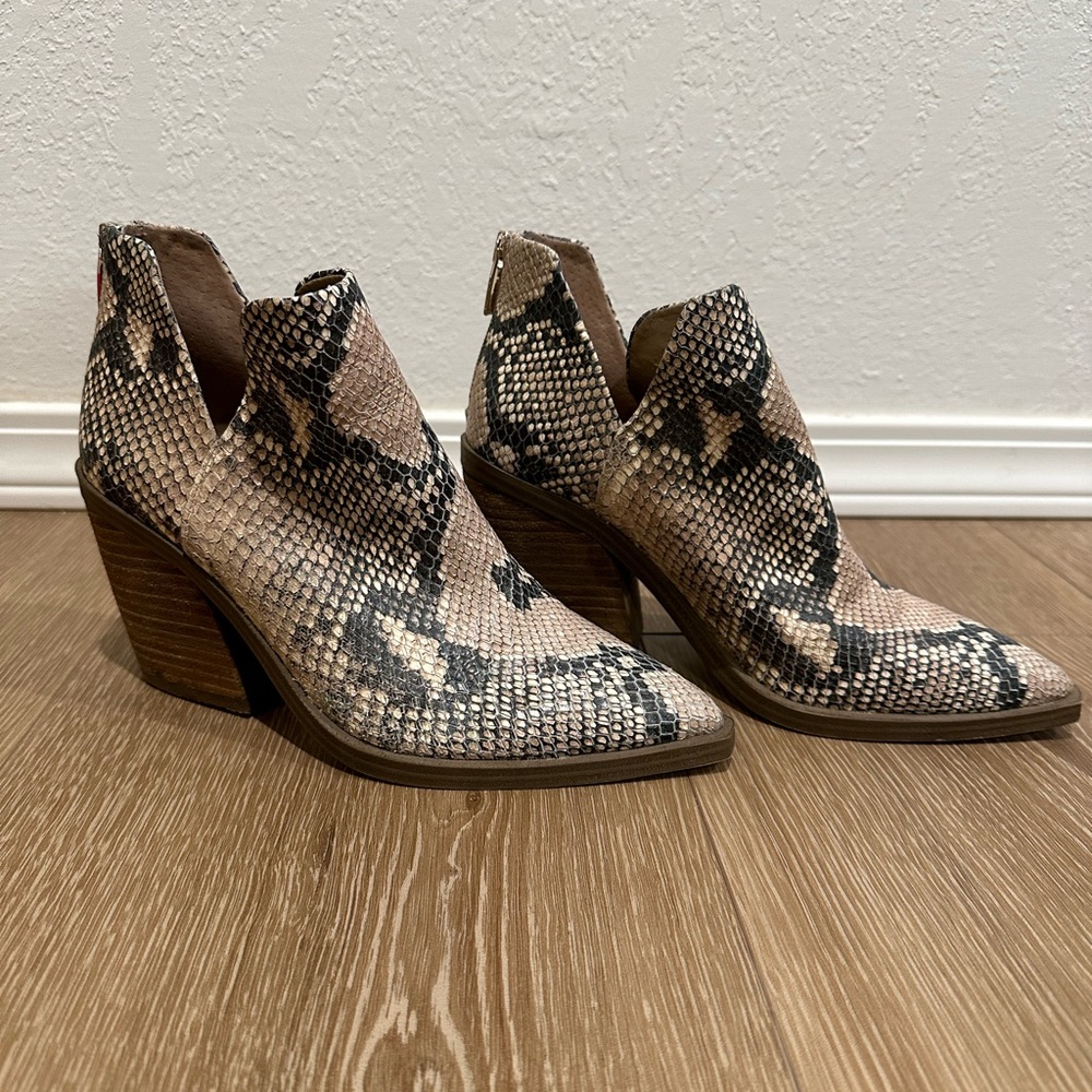 Snakeskin bootie heels